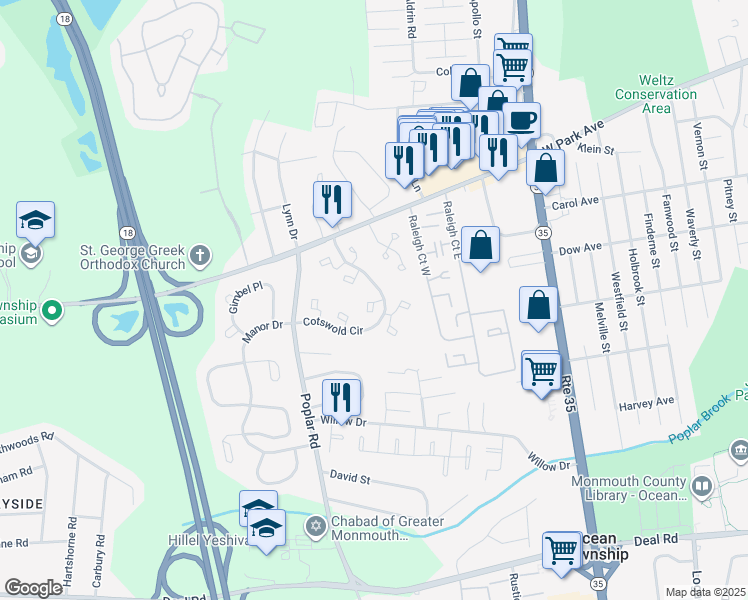 map of restaurants, bars, coffee shops, grocery stores, and more near 69 Cotswold Circle in Monmouth County