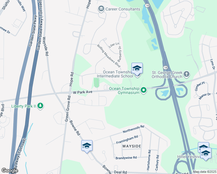 map of restaurants, bars, coffee shops, grocery stores, and more near 1213 West Park Avenue in Ocean Township