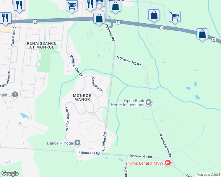 map of restaurants, bars, coffee shops, grocery stores, and more near 11 Lily Court in Monroe Township
