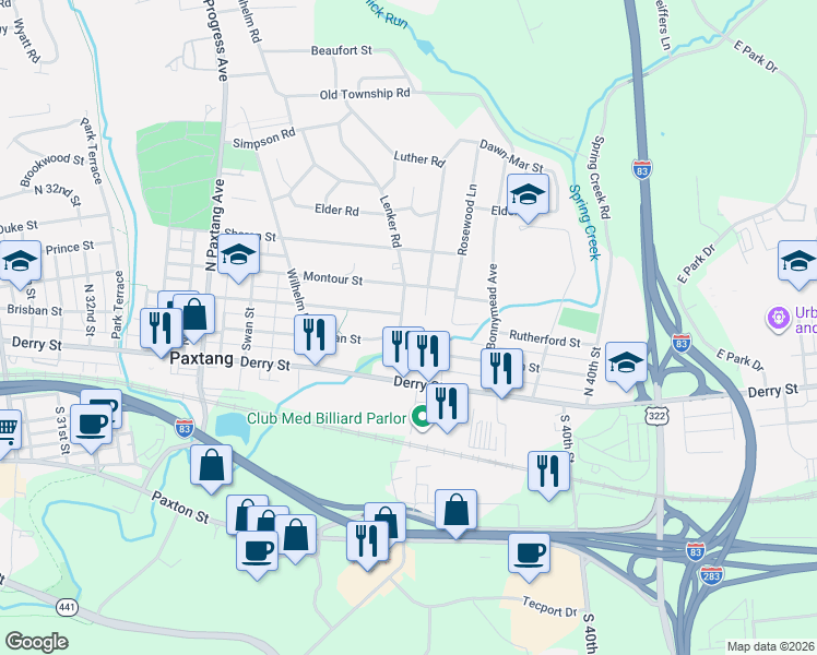 map of restaurants, bars, coffee shops, grocery stores, and more near 131 Lenker Road in Harrisburg