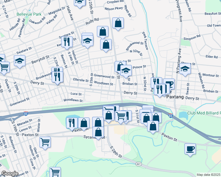 map of restaurants, bars, coffee shops, grocery stores, and more near 2614 Derry Street in Harrisburg