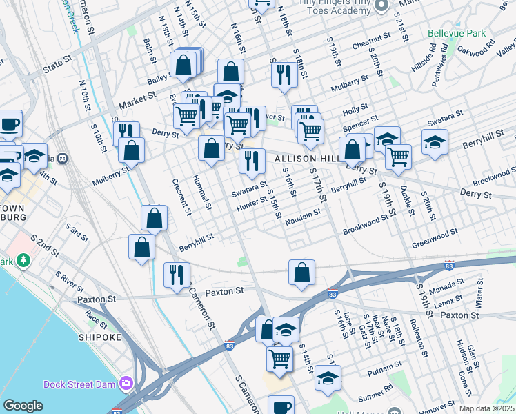 map of restaurants, bars, coffee shops, grocery stores, and more near 428 South 14th Street in Harrisburg