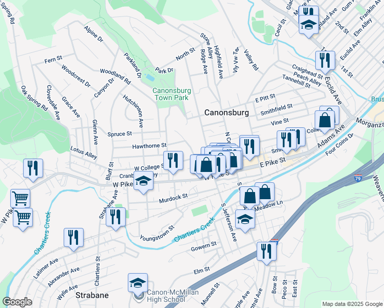 map of restaurants, bars, coffee shops, grocery stores, and more near 120 West College Street in Canonsburg