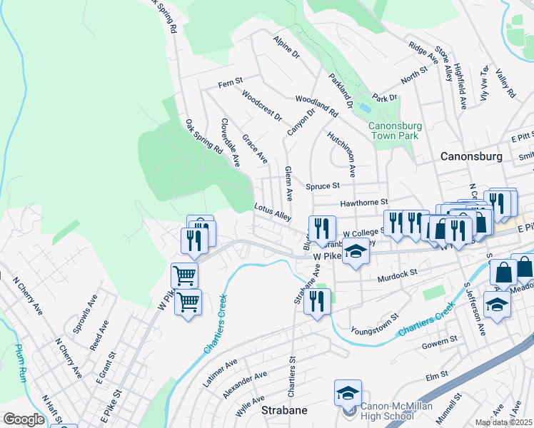 map of restaurants, bars, coffee shops, grocery stores, and more near 210 Grace Avenue in Canonsburg