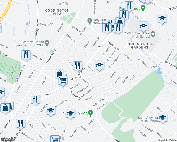 map of restaurants, bars, coffee shops, grocery stores, and more near 941 North Evans Street in Pottstown