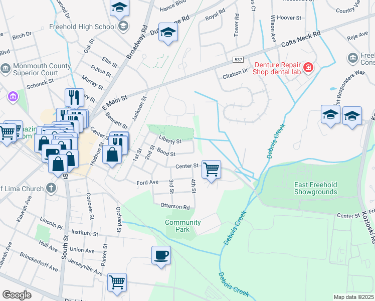 map of restaurants, bars, coffee shops, grocery stores, and more near 45 Bond Street in Freehold