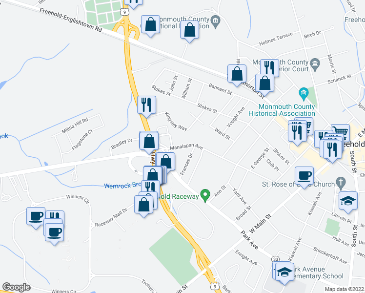 map of restaurants, bars, coffee shops, grocery stores, and more near 106 Manalapan Avenue in Freehold