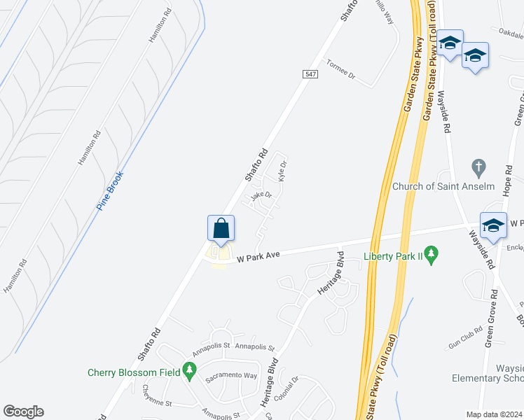 map of restaurants, bars, coffee shops, grocery stores, and more near 20 Michael Drive in Tinton Falls