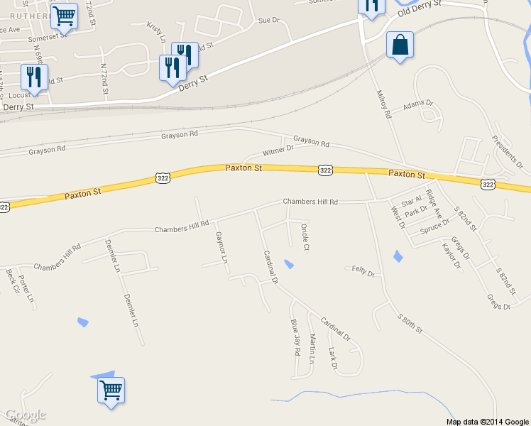 map of restaurants, bars, coffee shops, grocery stores, and more near 7765 Chambers Hill Road in Harrisburg