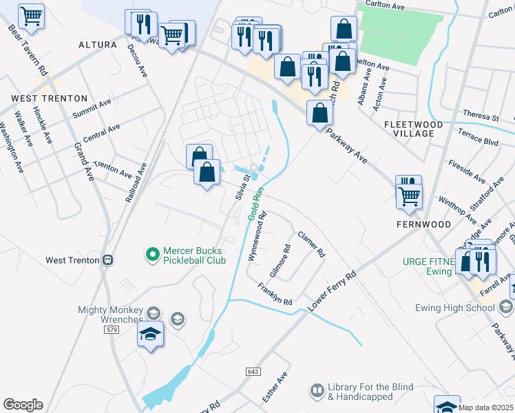 map of restaurants, bars, coffee shops, grocery stores, and more near 288 Clamer Road in Ewing Township