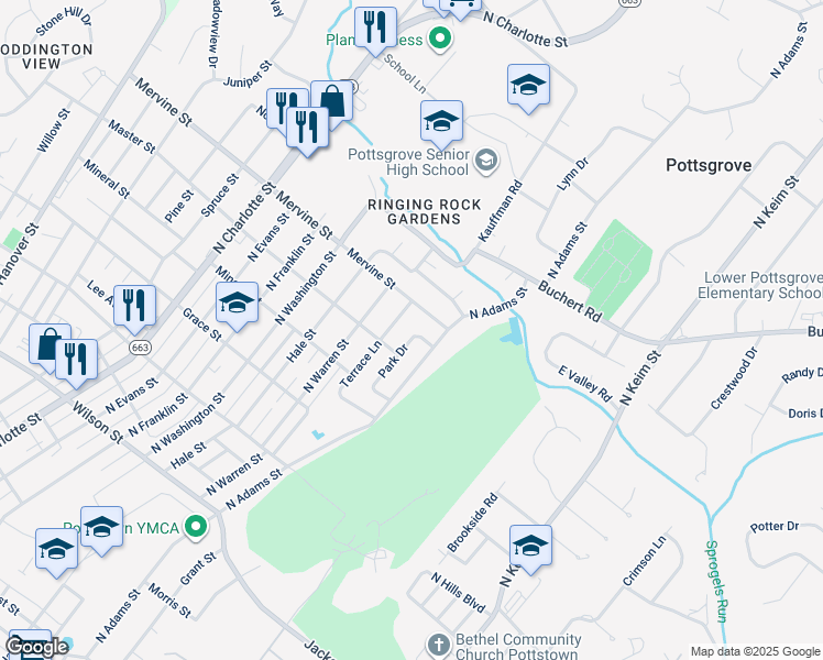 map of restaurants, bars, coffee shops, grocery stores, and more near 1077 Park Drive in Pottstown