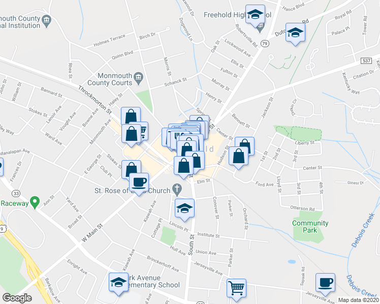 map of restaurants, bars, coffee shops, grocery stores, and more near in Freehold