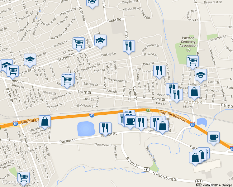 map of restaurants, bars, coffee shops, grocery stores, and more near 2600 Derry Street in Harrisburg
