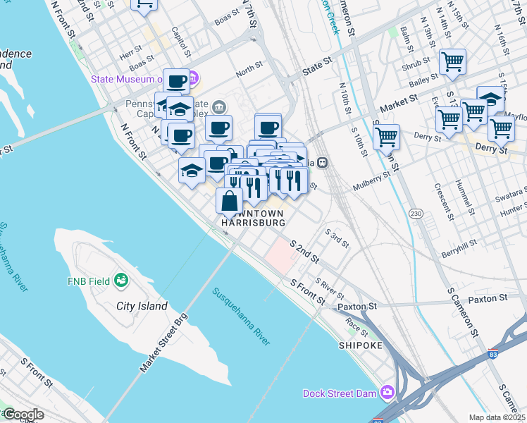 map of restaurants, bars, coffee shops, grocery stores, and more near 213 Market Street in Harrisburg