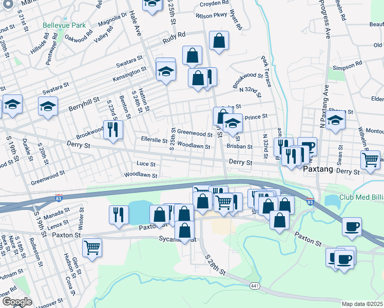 map of restaurants, bars, coffee shops, grocery stores, and more near 2600 Derry Street in Harrisburg