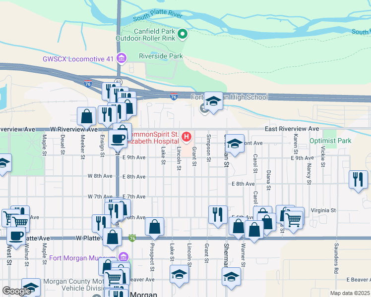map of restaurants, bars, coffee shops, grocery stores, and more near 1000 Lincoln Street in Fort Morgan
