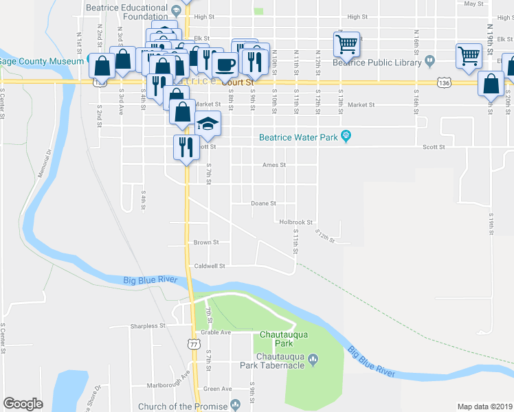 map of restaurants, bars, coffee shops, grocery stores, and more near 702 South 9th Street in Beatrice