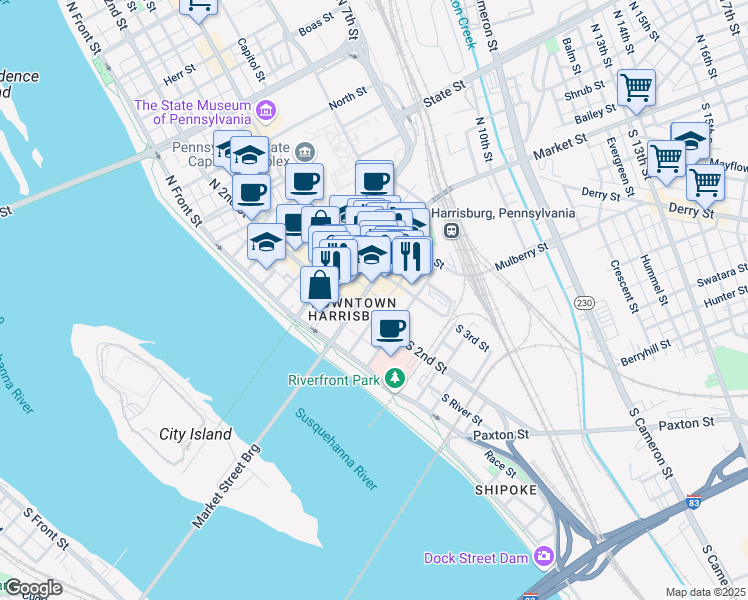 map of restaurants, bars, coffee shops, grocery stores, and more near 213 Market Street in Harrisburg