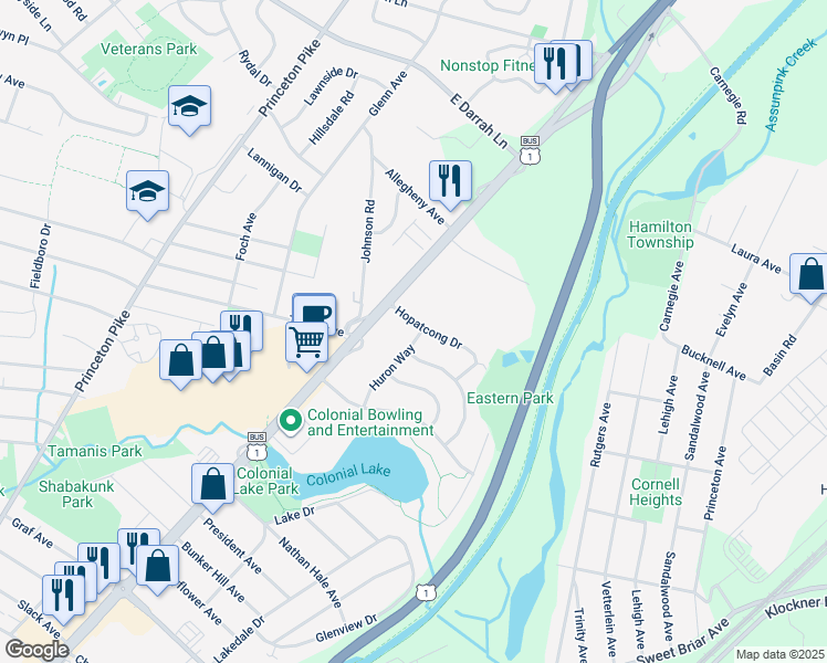 map of restaurants, bars, coffee shops, grocery stores, and more near 25 Huron Way in Lawrence Township