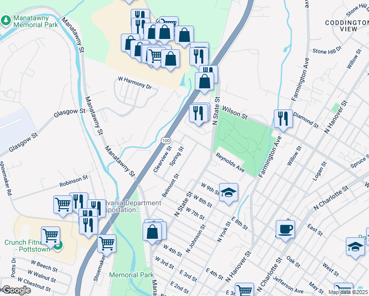 map of restaurants, bars, coffee shops, grocery stores, and more near 512 Spring Street in Pottstown