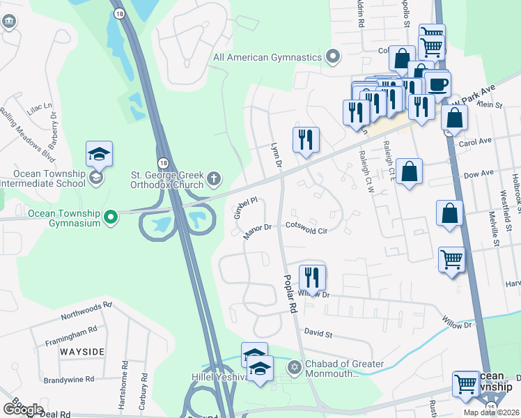 map of restaurants, bars, coffee shops, grocery stores, and more near 14 Gimbel Place in Ocean Township