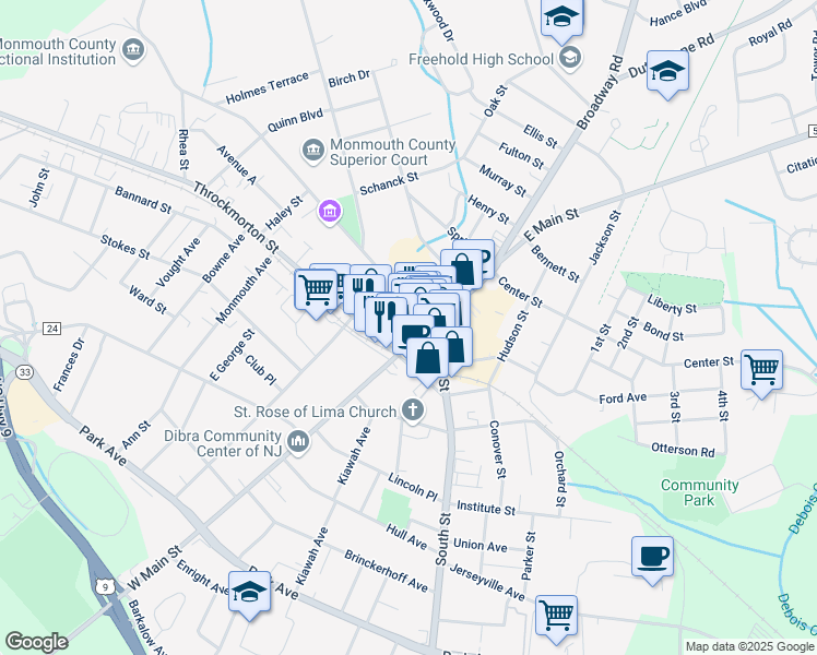 map of restaurants, bars, coffee shops, grocery stores, and more near 15-17 East Main Street in Freehold