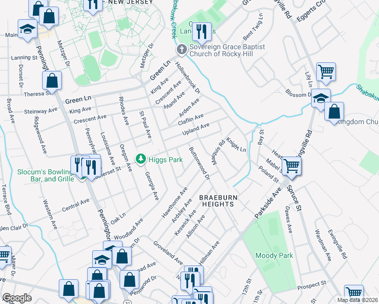 map of restaurants, bars, coffee shops, grocery stores, and more near 209 Buttonwood Drive in Ewing Township