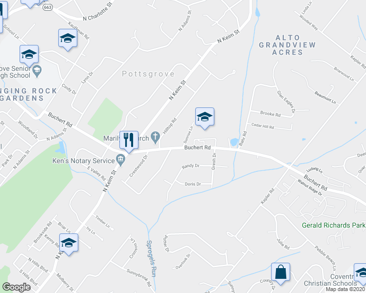 map of restaurants, bars, coffee shops, grocery stores, and more near 111 Sunrise Lane in Pottstown