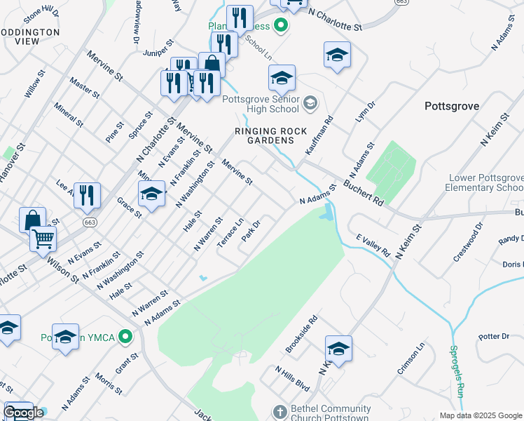 map of restaurants, bars, coffee shops, grocery stores, and more near 1077 Park Drive in Pottstown