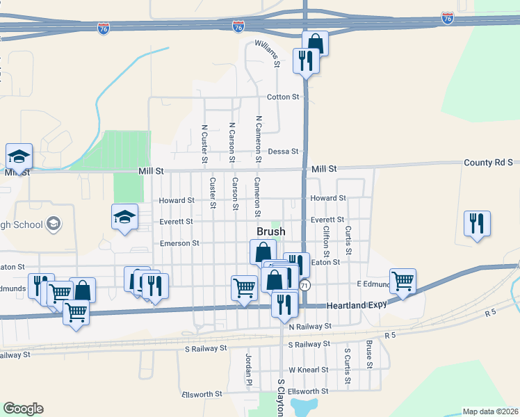 map of restaurants, bars, coffee shops, grocery stores, and more near 611 Cameron Street in Brush