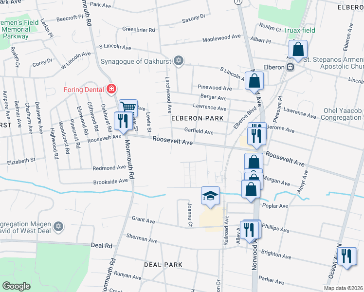 map of restaurants, bars, coffee shops, grocery stores, and more near 290 Roosevelt Avenue in Ocean Township