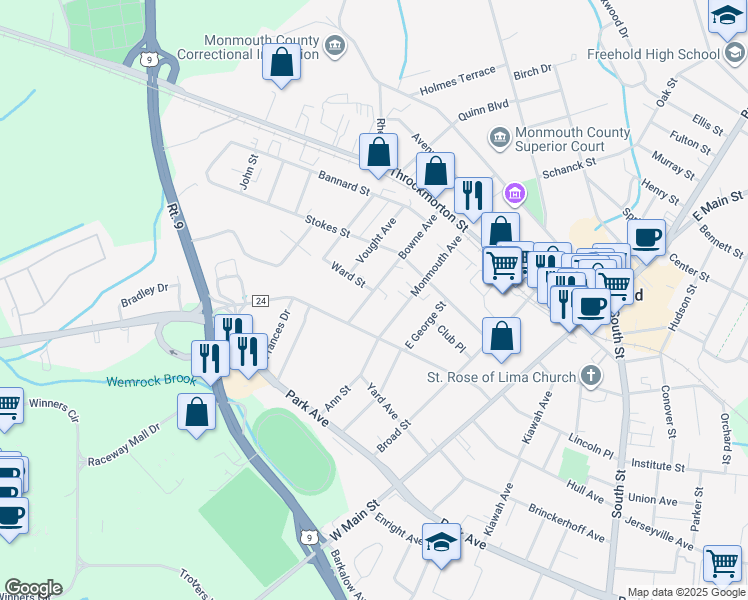 map of restaurants, bars, coffee shops, grocery stores, and more near 62 Bowne Avenue in Freehold