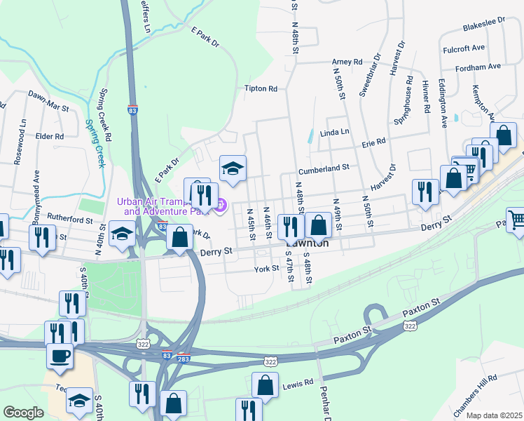 map of restaurants, bars, coffee shops, grocery stores, and more near 114 North 46th Street in Harrisburg