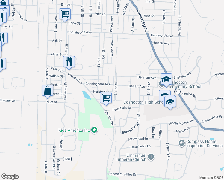 map of restaurants, bars, coffee shops, grocery stores, and more near 1102 Herbig Avenue in Coshocton