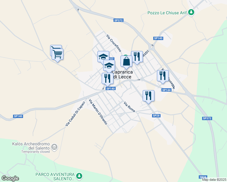 map of restaurants, bars, coffee shops, grocery stores, and more near 25 Via Roma in Caprarica di Lecce