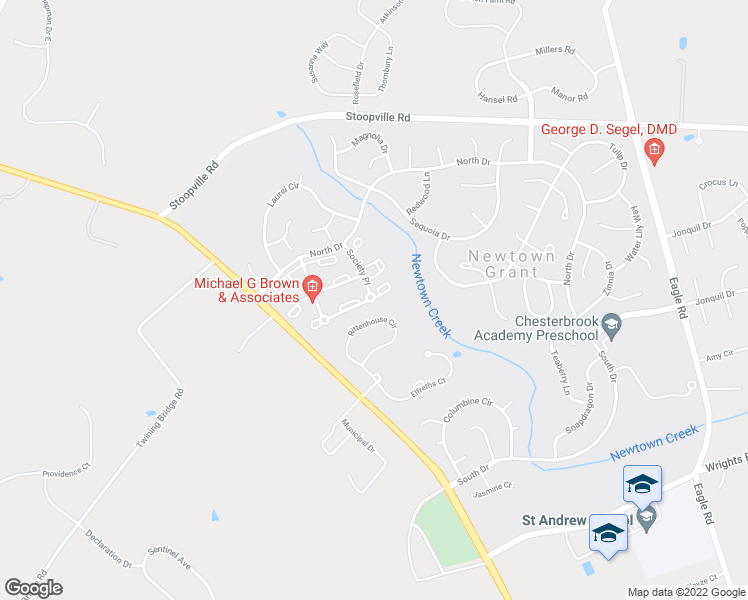 map of restaurants, bars, coffee shops, grocery stores, and more near 2701 Society Place in Newtown