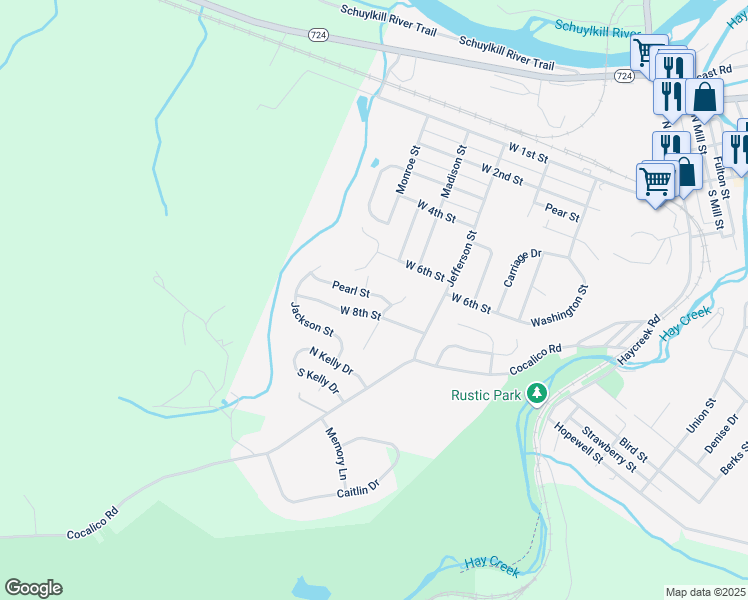 map of restaurants, bars, coffee shops, grocery stores, and more near 702 Pearl Street in Birdsboro