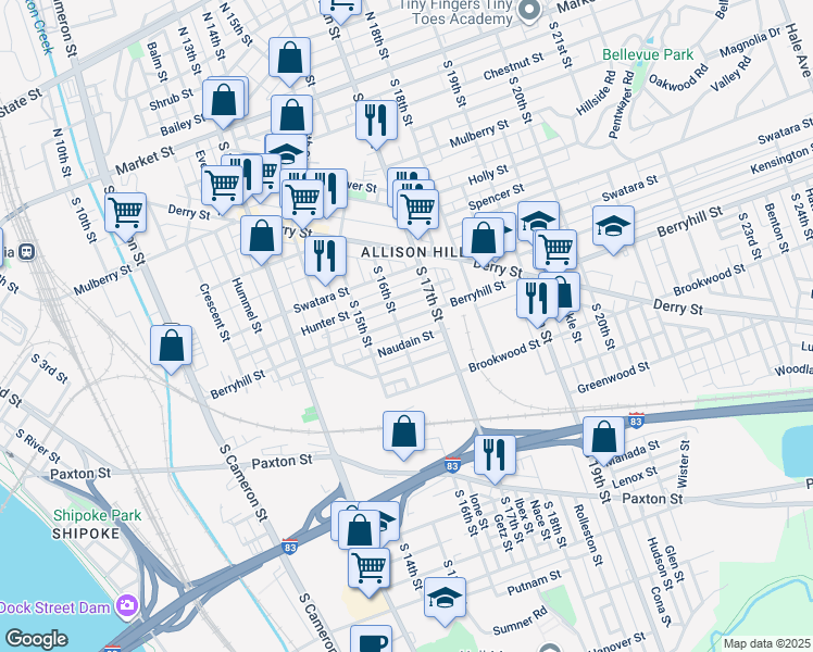 map of restaurants, bars, coffee shops, grocery stores, and more near 1607 Berryhill Street in Harrisburg