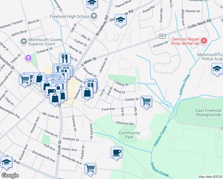 map of restaurants, bars, coffee shops, grocery stores, and more near 10 Bond Street in Freehold