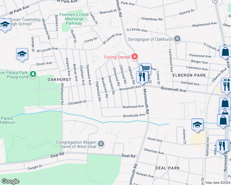 map of restaurants, bars, coffee shops, grocery stores, and more near 229 Pinecrest Road in Monmouth County