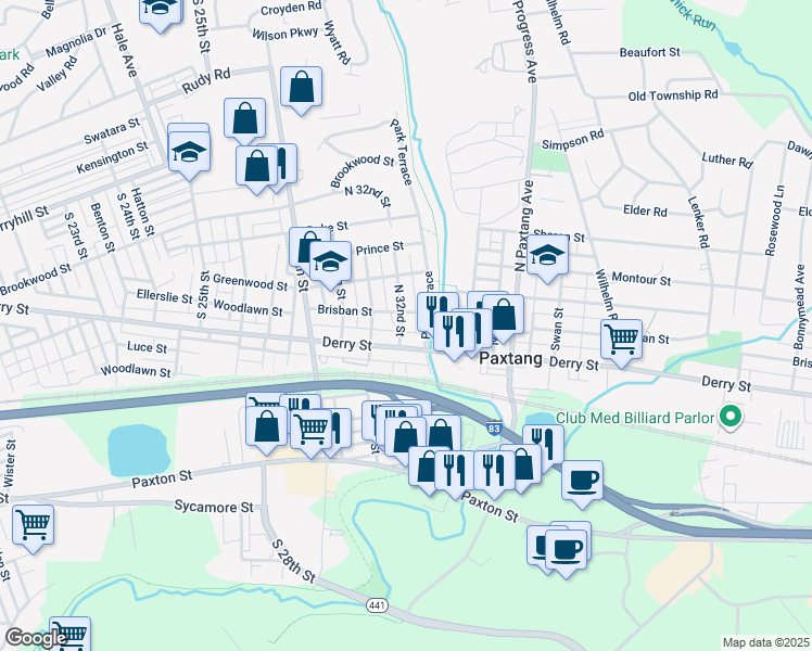 map of restaurants, bars, coffee shops, grocery stores, and more near 19 North 32nd Street in Harrisburg