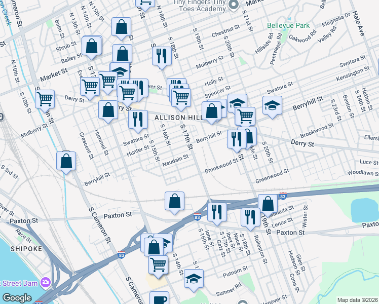 map of restaurants, bars, coffee shops, grocery stores, and more near 1640 Naudain Street in Harrisburg