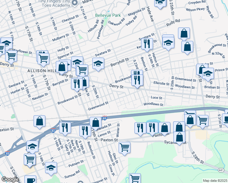 map of restaurants, bars, coffee shops, grocery stores, and more near 921 S 21st St in Harrisburg