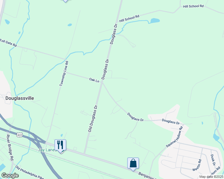 map of restaurants, bars, coffee shops, grocery stores, and more near 345 Douglass Drive in Douglassville