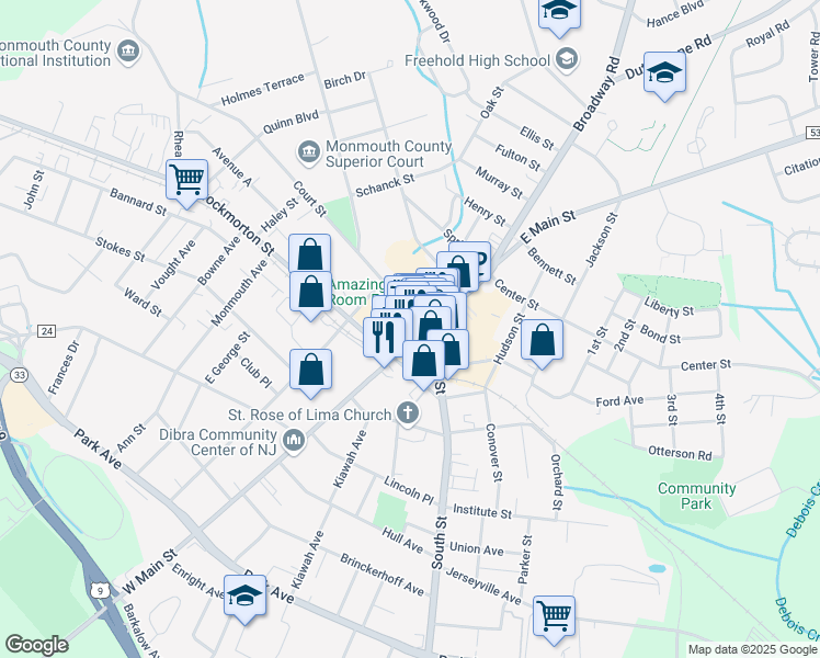map of restaurants, bars, coffee shops, grocery stores, and more near 15-17 East Main Street in Freehold