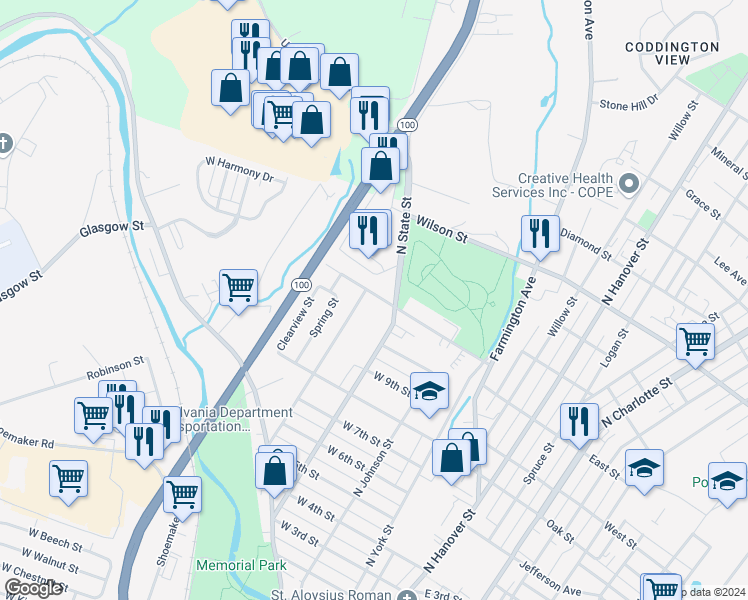 map of restaurants, bars, coffee shops, grocery stores, and more near 130 Reynolds Avenue in Pottstown