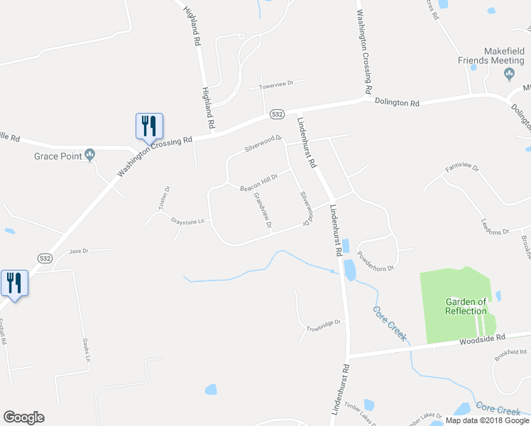 map of restaurants, bars, coffee shops, grocery stores, and more near 1708 Grandview Dr in Newtown