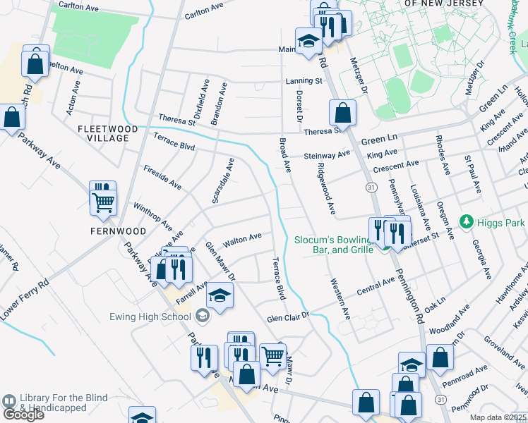 map of restaurants, bars, coffee shops, grocery stores, and more near 991 Terrace Boulevard in Ewing Township