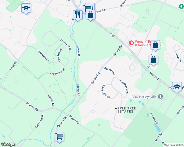 map of restaurants, bars, coffee shops, grocery stores, and more near 208 Fairway Court in Harleysville