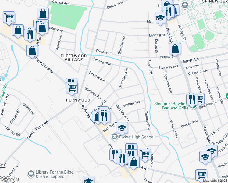 map of restaurants, bars, coffee shops, grocery stores, and more near in Ewing Township